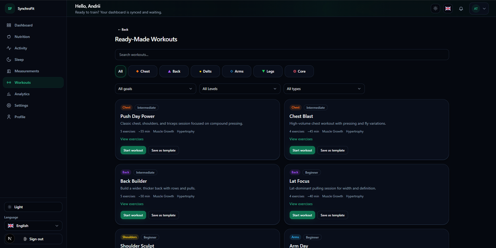 SynchroFit ready-made workouts screen with filters and workout cards